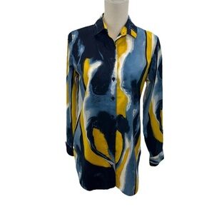 Chicos Swirl Print Button Up Tunic Womens 4 Long Sleeve Watercolor Cotton Blend